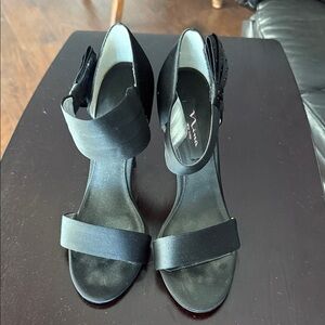 Nina Black Satin Heels with Bow Accent